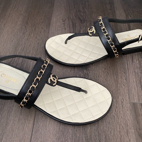 2023 CHANEL CC LOGO BLACK THONG LEATHER FLAT SHOES SANDALS 37 - Picture 14 of 16